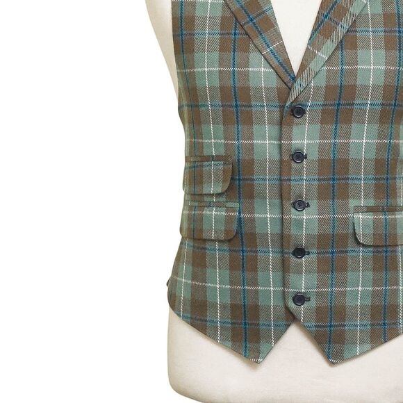 Mens Vest 44R Plaid Wool Green Brown Waistcoat XL Western Casual Preppy Wedding - Picture 7 of 9